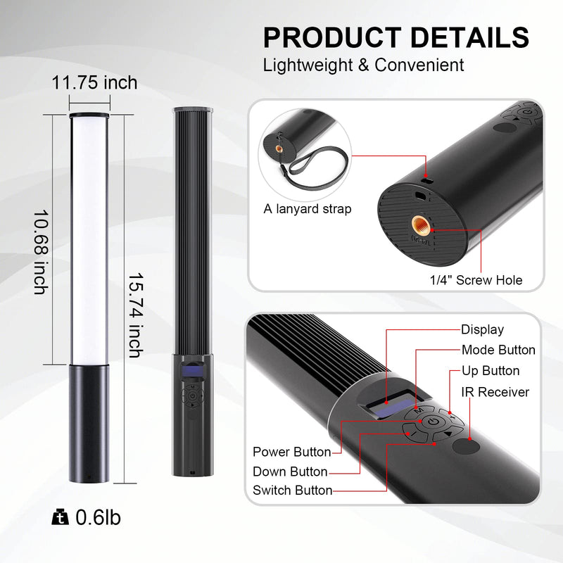 RGB LED Light Wand with Remote Control, Handheld 360°RGB Video Light Wand Stick for Photography, 2500mAh Built-in Rechargable Cube Light, 2500-6500K Dimmable Camera Light w LCD