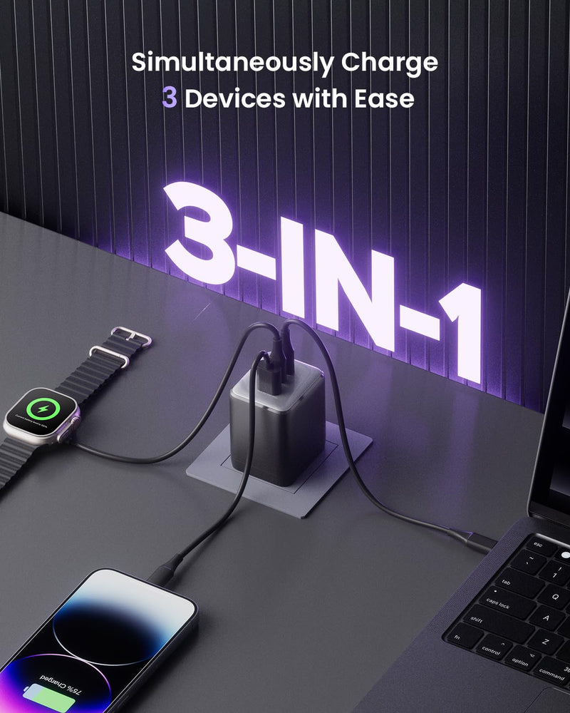 USB C Charger Block, 100W Fast GaN Charger, 3-Port Compact Foldable USB Wall Charger for MacBook Pro/Air, Dell XPS,iPad Pro,iPhone Series,Galaxy S24/S23, Note 20/10+
