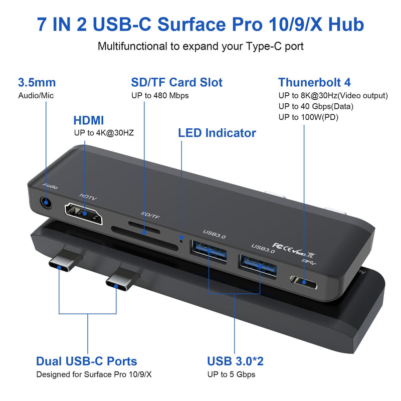 Surface Pro 9/10 Accessories - Surface Pro 9 Docking Station with Thunderbolt 4(Display+Data+100W PD), 4K HDMI, 2 USB3.0, 3.5mm Audio, SD/TF Reader, HDMI+USB C Triple Display Surface Pro 10/9/X Hub