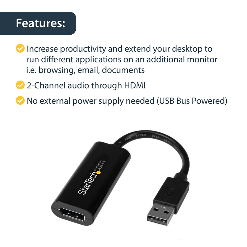 StarTech.com USB 3.0 to HDMI Adapter - 1080p (1900x1200) - Slim/Compact USB Type-A to HDMI Display Adapter Converter for Monitor - External Video & Graphics Card - Black - Windows Only (USB32HDES)
