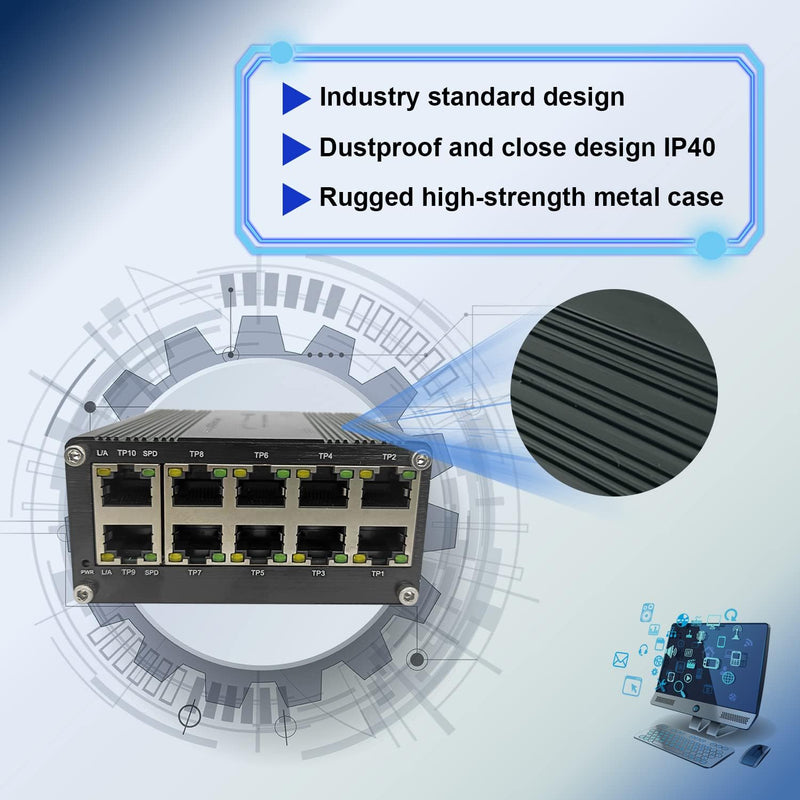 Hardened Industrial Gigabit Compact Ethernet Switch 10-Port 10/100/1000BASE-T RJ45 with auto-MDI/MDI-X Function 10/100Mbps Half/Full Duplex and 1000Mbps Full Duplex 12~48VDC Wide Range Power Input LNK-IMC010G