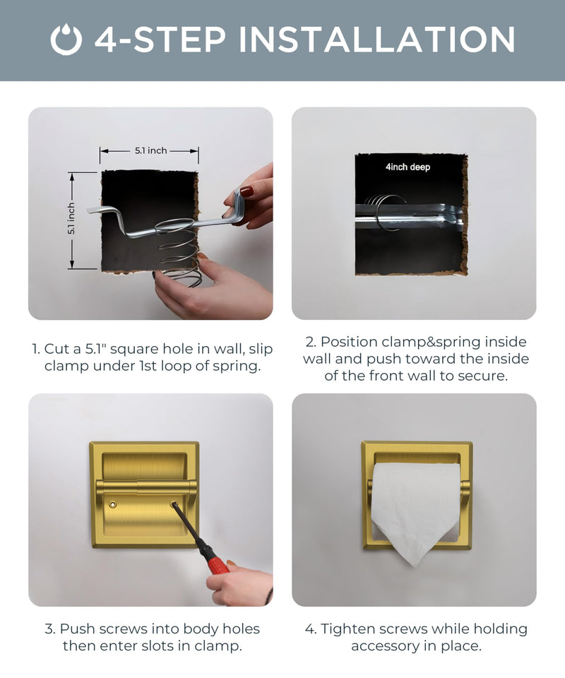 FORIOUS Recessed Toilet Paper Holder, Stainless Steel Durable Tissue Roll Holder Wall Mount for Bathroom Space Saving Design with Mounting Bracket, in Wall Toilet Paper Dispenser Insert, Gold 1