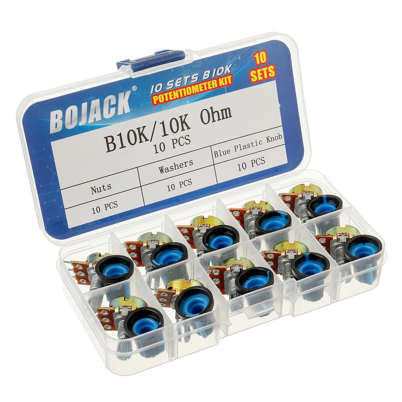 BOJACK 10 Sets B10K Knurled Shaft 3 Terminal Linear Taper Potentiometer (WH148) 10K Ohm Single-Turn Carbon Film Variable Resistors with Blue Plastic Buttons