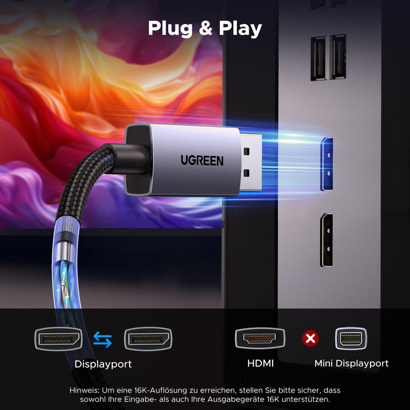 UGREEN 16K Displayport Cable 2.1 16K 10K 60Hz 8K 120Hz 4K 240Hz 165Hz (2M) | DP cable 80Gbps with HDR, FreeSync, G-Sync, DSC 1.2a, HDCP 2.2, anti-interference and durability for PC, HDTV, gaming monitor 2 m 16K 60Hz