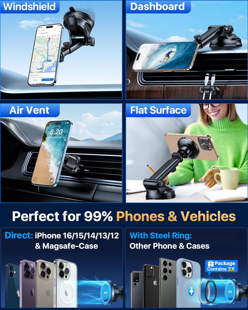 HTU for MagSafe Car Phone Mount Magnetic Phone Holder for Windshield Vent Dashboard Magnetic Suction Phone Mount for iPhone 16/15/14/13/12 & Android (Black) Black
