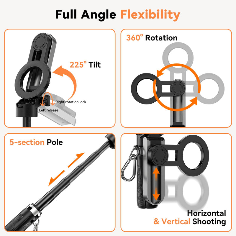 CloudValley Magnetic Mini Selfie Stick Tripod, 4-in-1 Pocket Size Phone Tripod with 360° Rotation, Rechargeable Bluetooth Remote, Foldable Handle Grip, Compatible with MagSafe iPhone for Photo/Video No Light