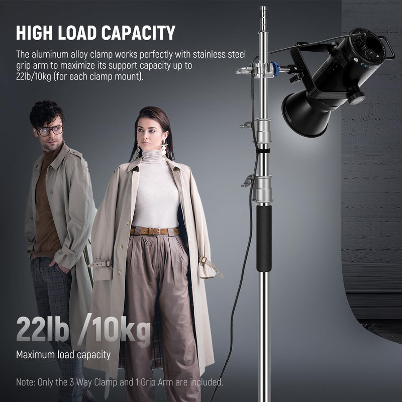 NEEWER 3 Way Clamp with 4.1in/105mm 5/8" Baby Pin Stud for 1"-1.4"/25-35mm Tube C Stand Boom Arm Grip Arm Photography Light Stand, Stainless Steel for LED Video Light Flash, Max Load 22lb/10kg, UA045
