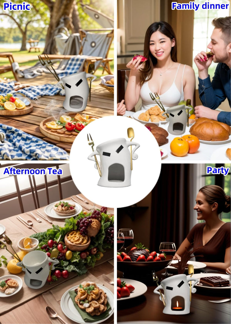 Cute Chocolate Fondue Mug with Attitude,Ceramic Personal Chocolate Butter Melting Cup for Cheese with 2Pcs Forks Mini Simmer Pot