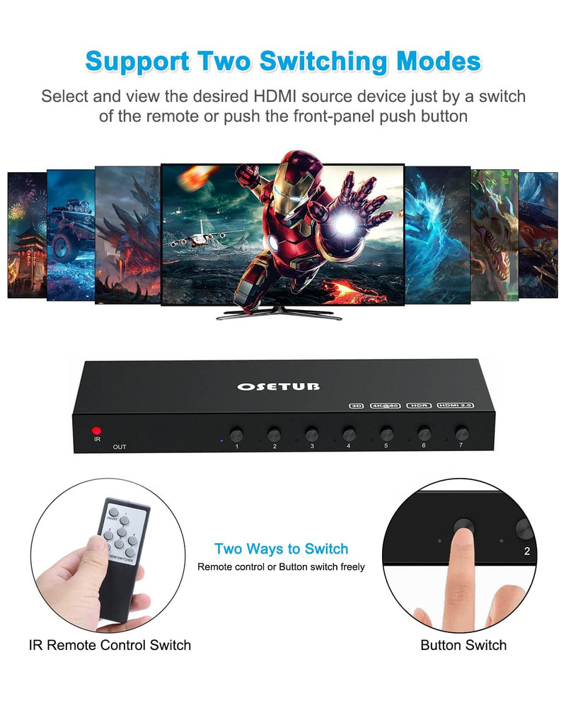 4K@60Hz 7 in 1 Out HDMI Switch, 4K HDMI 2.0 Switch with Remote Control, Support HDR & HDCP 2.2 & Full 3D for PS4 Xbox Apple TV Fire Stick Ideal for Home Theater and Office Use 4K@30Hz 7 in 1 Out HDMI Switch