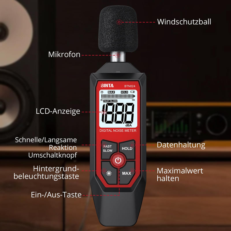 BINTA Decibel Meter, Portable Sound Level Meter 30dB to 130dB | With LCD screen, A weighted, fast/slow response for DIY shops A-Weighted