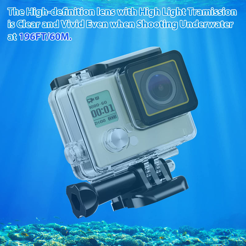 HONGDAK Waterproof Housing Case for GoPro Hero 4/3/3+, 60M/196FT Underwater Protective Dive Housing Shell with Bracket Mount Accessories for GoPro Hero4, Hero3+, Hero3 Action Camera Outside Sports for GoPro Hero 4/3/3+