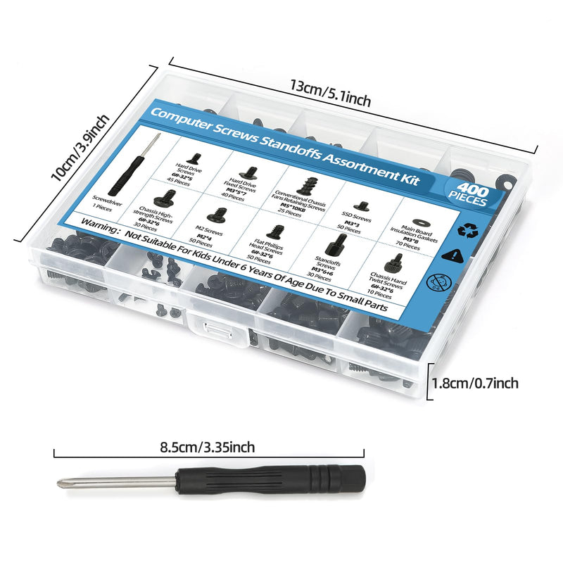 400PCS Computer Screws Assortment Kit with Screwdriver Motherboard Standoffs Screws for Universal Motherboard, HDD, SSD, Hard Drive,Fan, Power Supply, Graphics, PC Case, DIY Installation and Repair