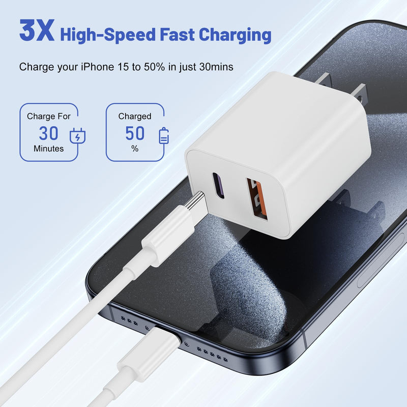 For iPhone 15 Fast Charger,[Apple MFI Certified] 2Pack Dual Port 20W PD Power USB C Wall Charger Adapter with 10FT Long USB C Fast Charging Cable for iPhone 15/15 Pro/15 Pro Max/15 Plus, iPad and More 10 FT white 2