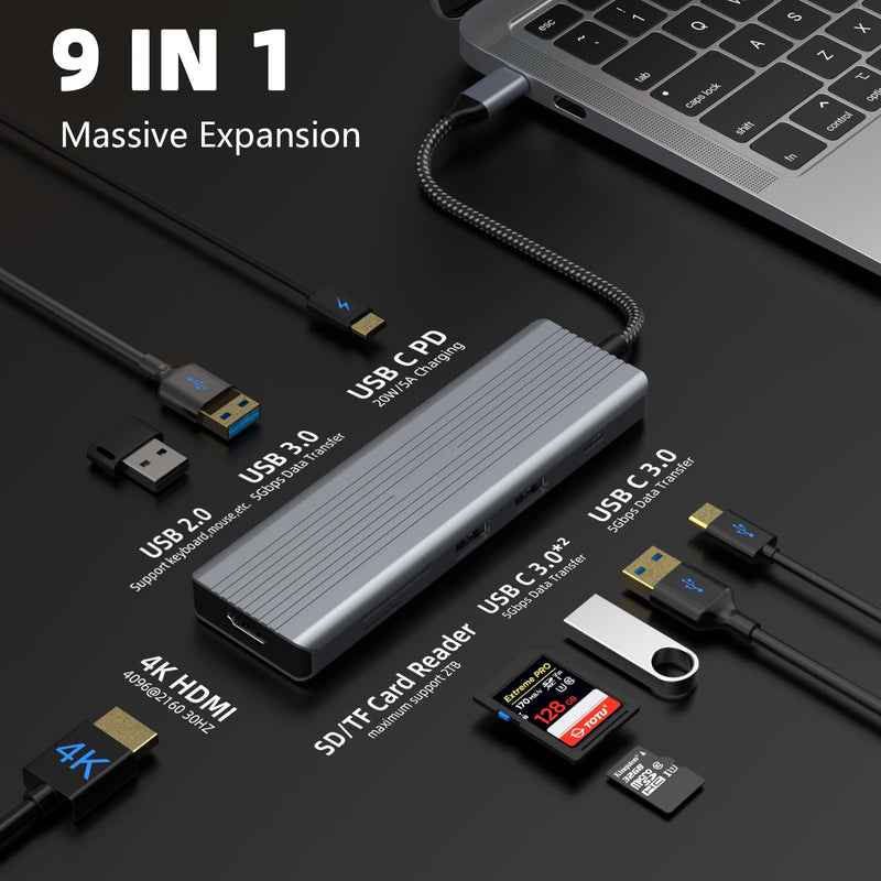 USB C Hub, TOTU 9-in-1 USB C Adapter with 4K HDMI, 100W PD Charging, SD/TF Card Reader, USB 3.0/2.0 Portsfor USB C Laptops and Other Type C Devices