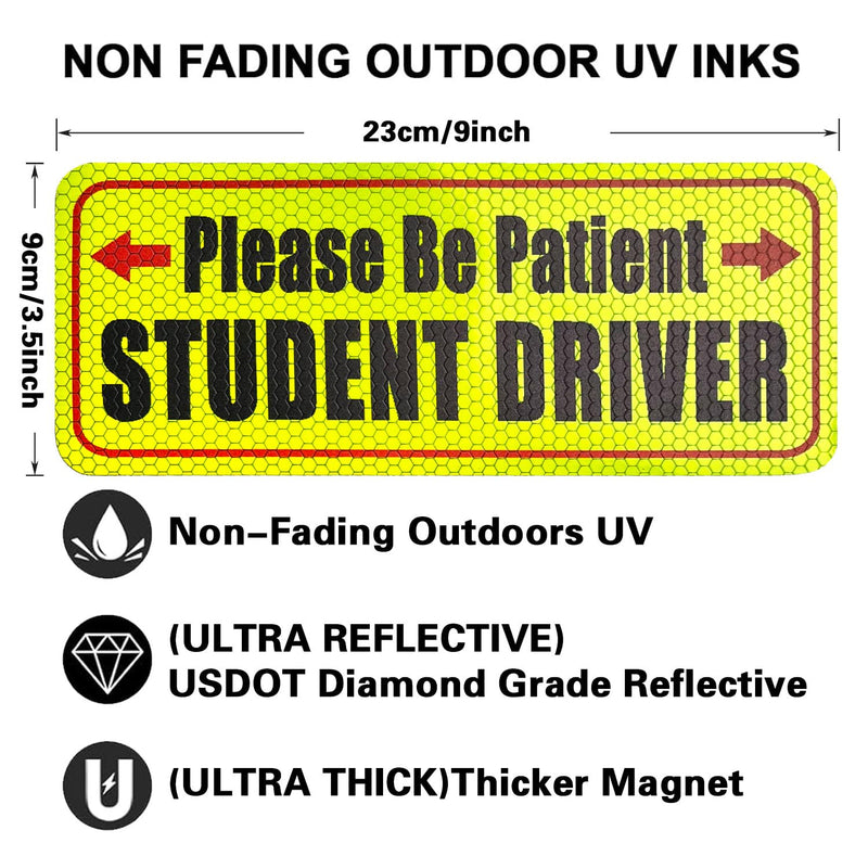 3 Pcs Student Driver Magnet for Car,Please Be Patient Student Driver Sticker,New Student Driver Sticker,Safety Warning Signs,High Reflective,Reusable Movable,Set of 3. 3.5" x 9" 03