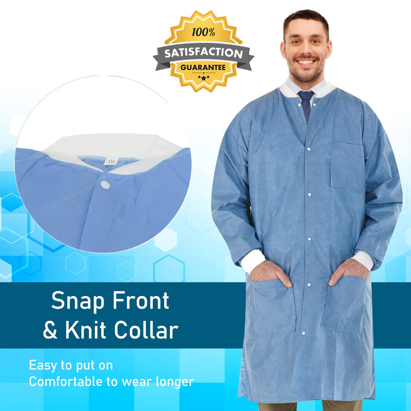 EOM Disposable Lab Coats - Lab Coats for Men and Women - Knee Length Lab Coat with Knit Cuffs and Collar - Medical Lab Jacket for Adults - Pack of 10, (Large Size) Large