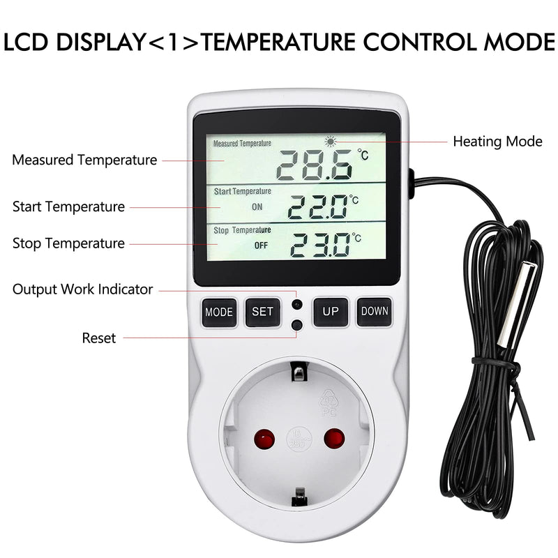 Temperature Controller 230V Digital Thermostat Socket Plug Thermostat with Sensor Timer Switch Temperature Socket Heating Cooling for Greenhouse Electric Blanket Water Tank