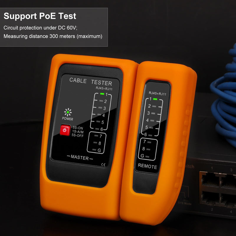 Network Cable Tester with PoE Detection, RJ45/RJ11 Ethernet & Telephone Cable Tester with Silicone Protective Case & Auto Power-Off Tester Set Upgrade-RJ45 / RJ11