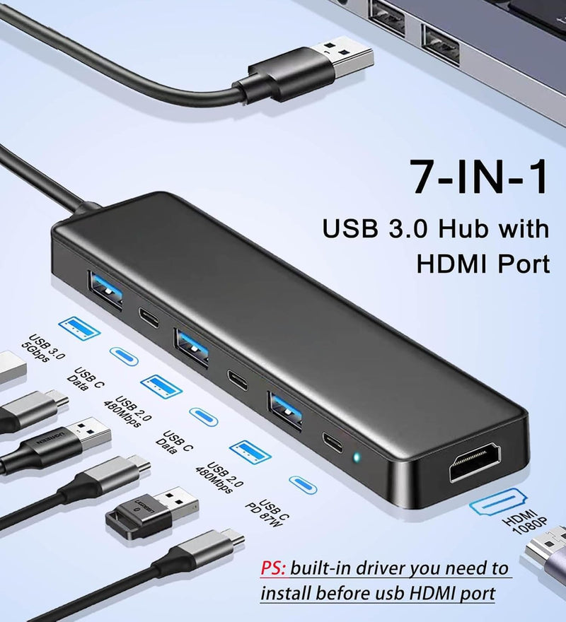 VIENON USB 3.0 to HDMI Adapter (7-in-1), USB 3.0 Hub with HDMI 1080P, USB C Data & Power Ports, Docking Station for Monitor, PC, Laptop, Desktop Support Windows 7/8/10 & Mac OS