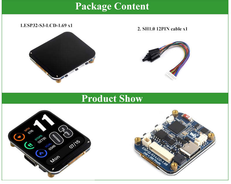ESP32-S3 Development Board with 1.69inch IPS Display 240×280 Pixels 262K LCD,240MHz Dual-Core Processor, Accelerometer and Gyroscope Sensor, Support W-iF-i/Blue-Too th, Suitable for Various Scenarios