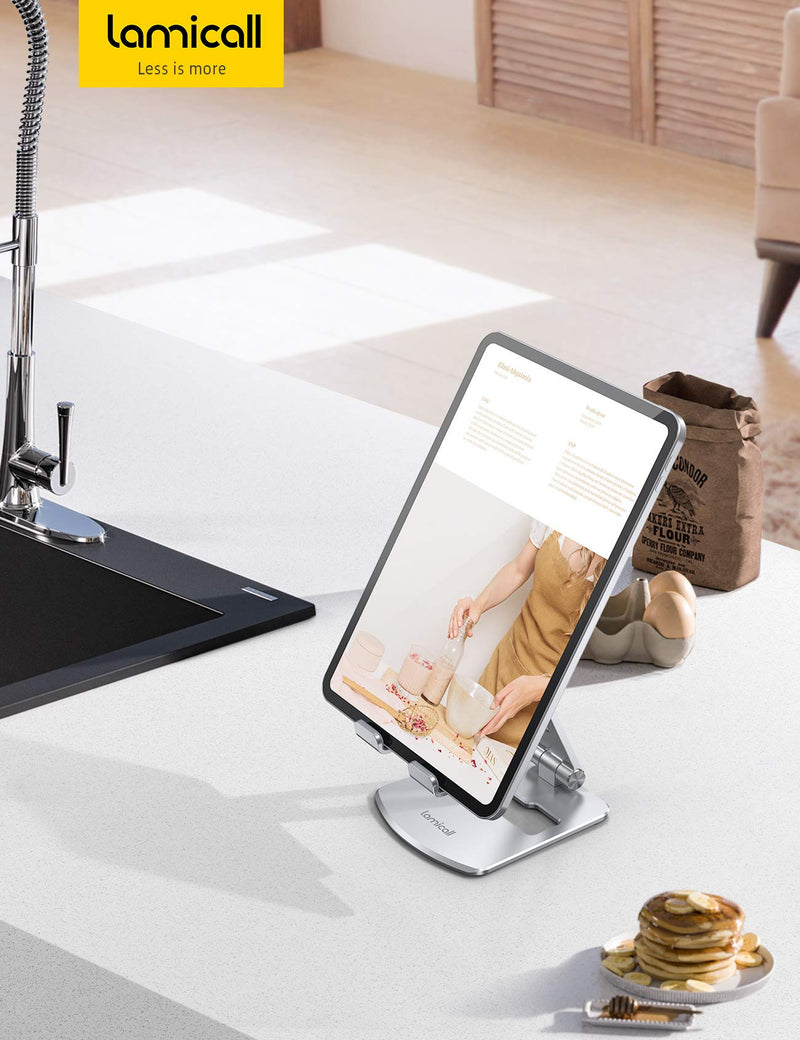 Lamicall Adjustable Tablet Stand Holder - Foldable Phone Dock, 360°Rotating Desktop Tablet Mount, for 4.7-13" Tablets, Such as iPad Pro 11, 12.9 Air Mini, Tabs, Kindle, iPhone Air 17 Pro Max, Silver