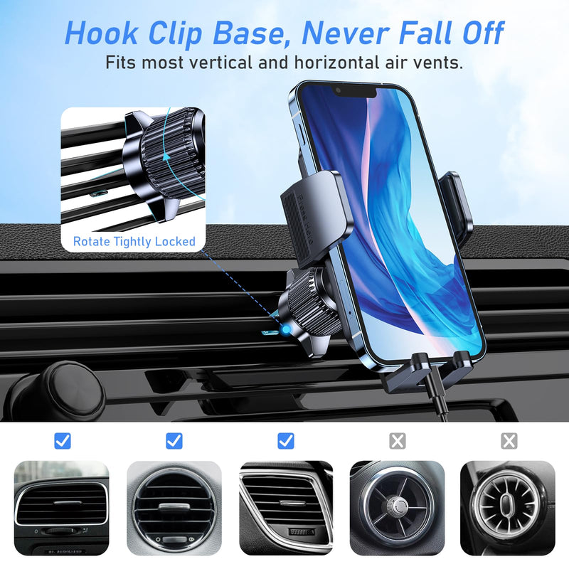 Car Phone Holder Mount, Super Stable Air Vent Cell Phone Car Mount with 2024 Metal Hook Clip, 360° Rotation,One Button Release for iPhone, Samsung, Google, and All Other Smartphones Air Vent Phone Mount