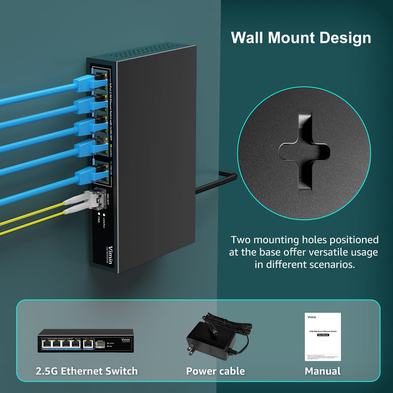 5 Port 2.5G Base-T Smart Web Ethernet Switch Managed with 10Gbps SFP Port, Compatible with 100/1000/2500Mbps Network, VIMIN 6-Port 2.5 Gigabit Managed Network Switch for 2.5G NAS, PC, Wireless AP 5x2.5G Ethernet+10G SFP(Managed)
