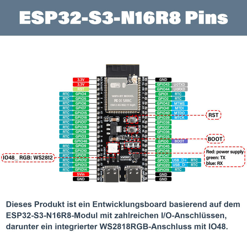 Heemol For ESP32 S3 N16R8 DevKitC-1 Modules, for ESP32 S3 Development Boards with WiFi, Bluetooth 5.0 for Arduino, USB C Connectable Pin Headers Not Soldered - Pack of 2