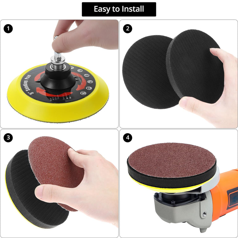 QWORK Pack of 80 Angle Grinder Discs, 125mm 40/60/80/120/180/240/320/600 Grit Polishing Sandpaper with Rod & Buffer Disc, for Wood, Metal and Paint