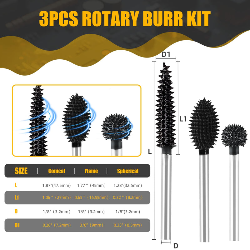 CAELUM Carbide Rotary Burr Kit, 3-Piece Wood Carving Burr Set, 1/8" Shaft Very Coarse Burrs for Fast Material Removal, Sphere Flame Taper Bits for Dremel, DeWalt Rotary Tools, Wood Rubber Plastic 3PcsFlame, Sphere, Taper