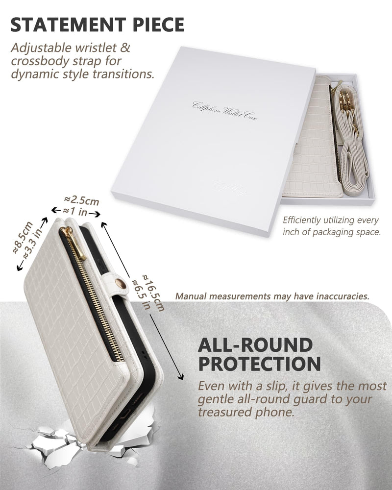Wallet Case for iPhone 15 Pro Max with Mirror Zipper Magnetic Closure RFID Blocking Card Holder, Wristlet & Crossbody, PU Leather Shockproof Wireless Charging 6.7" Women Men (White) White