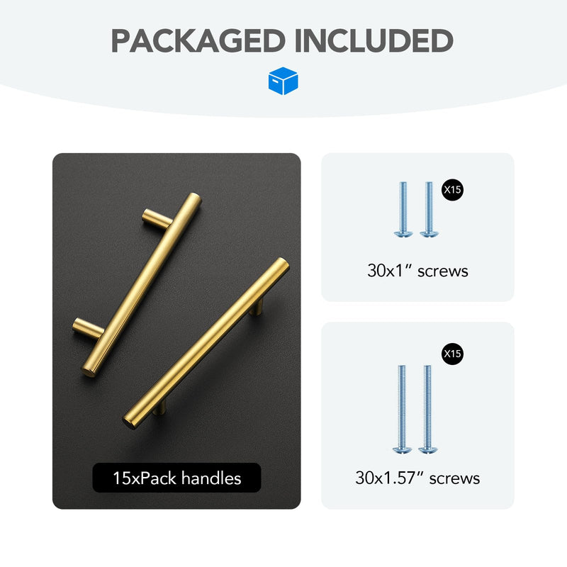 HOME EDIT Brushed Brass Cabinet Handles 4 Inch Hole Spacing, Stainless Steel Drawer Pulls for Cabinets, Kitchen, Bathroom, Dresser 15 Pack 4 Inch Hole Center
