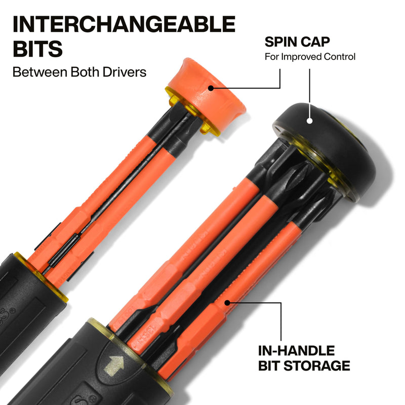Klein Tools 32310INS 10-in-2 Insulated Multi-Bit and Multi-Bit Precision Screwdriver Set, Auto-Locking Collar, 1000V Rated, In-Handle Bit Storage 2-Piece Set