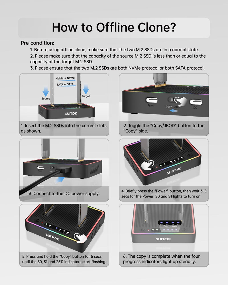 M.2 Duplicator Cloner Dual-Bay Offline USB C to NVMe SATA Dock Station, 20Gbps M2 Reader for Both (M Key, B+M Key) PCIE NGFF Docking, Size for 22110 2280 2260 2242 2230 Enclosure - STK03 STK03 20Gbps Dual Bay M.2 Duplicator