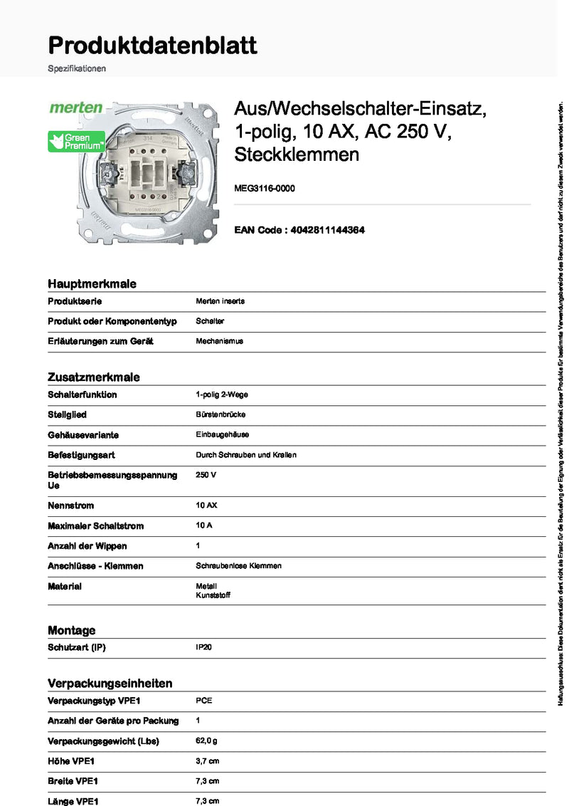 Schneider Electric Merten MEG3116-0000 - off switch and changeover switch insert - 10 A - AC 250 V - plug-in terminals - flush-mounted for installing switches and sockets - LED lighting modules single