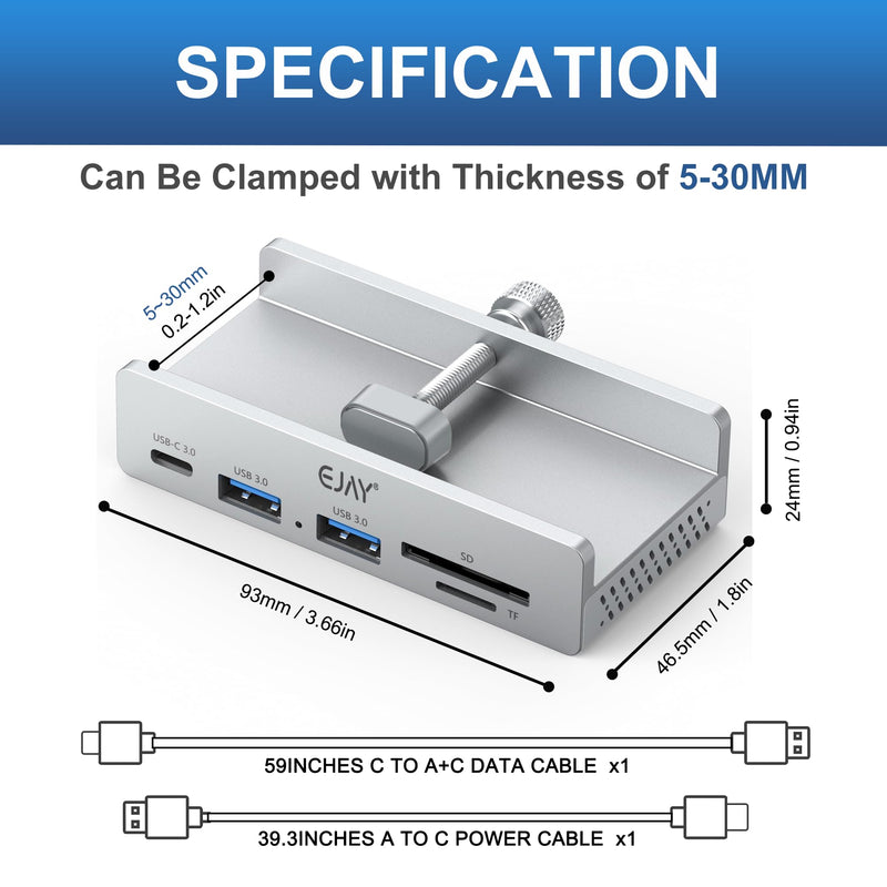 EJAY 5-Port USB 3.0 Hub with Card Reader & Clamp Aluminum Desktop Docking Station with 5Gbps Speed for PC Mac Laptop, 59inches Data and 39inches Power Cable Silver