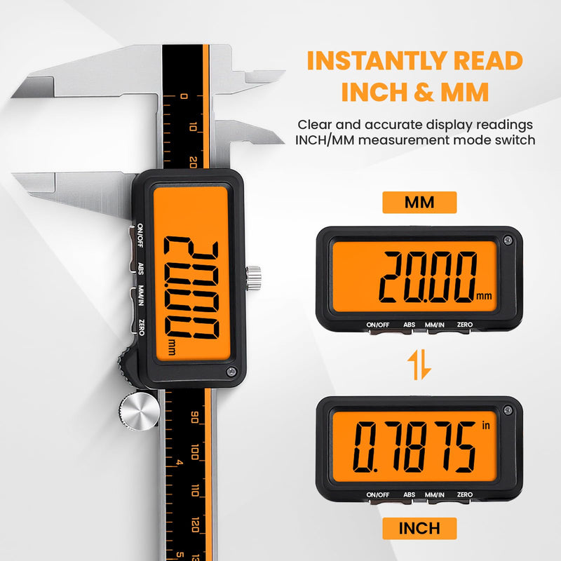 HARDELL Digital Caliper, Rechargeable Calipers with Large Orange Screen (No Backlight), Anti-Glare LCD & ABS Function, in/MM Caliper Measuring Tool, Stainless Steel Micrometer -Auto Off for Household Bright Orange