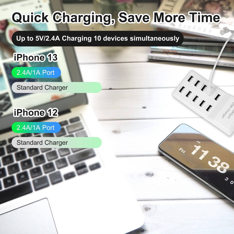 10-Port USB Charger [UL Certified] Family-Sized Desktop USB Rapid Charger，Smart USB Charger for Multiple Devices Smart Phone Tablet Laptop Computer white