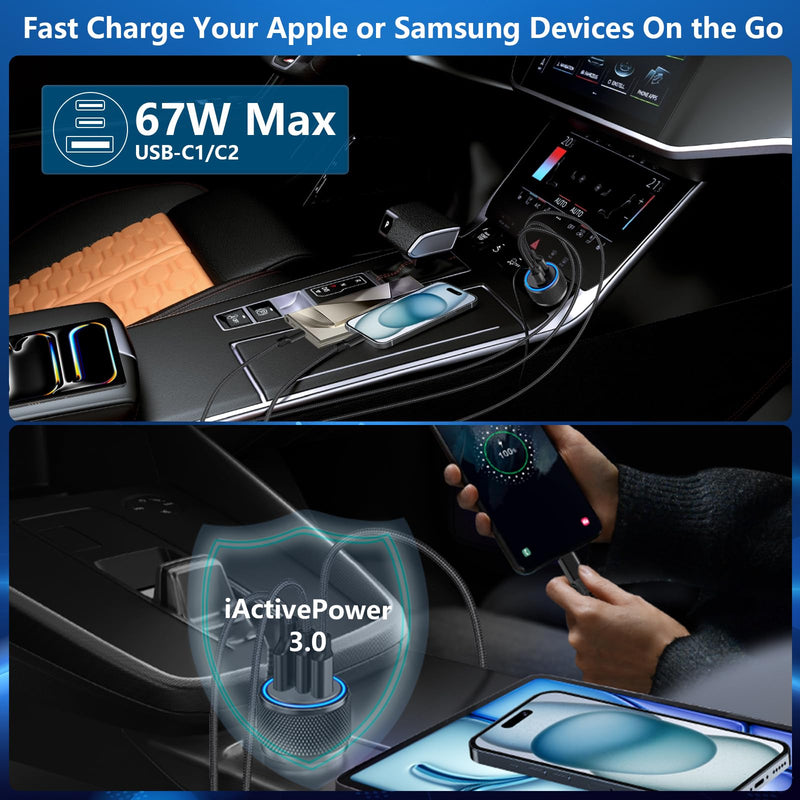 【MFi Certified】iPhone 15 Fast Car Charger, Rombica 3-Port 67W USB-C&USB-A Car Power Cigarette Lighter PD/QC Type-C Fast Car Charging+Type-C Braided Cable for iPhone 15 Pro/15 Pro Max/Galaxy/Pixel/iPad Zinc Alloy Black