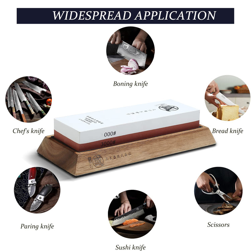 MITSUMOTO SAKARI Professional Japanese 1000/3000 Grit Sharpening Stone | Sharpening and Honing, White Corundum Whetstone, Controlled Water Absorption, Bamboo Base, Kraft Box