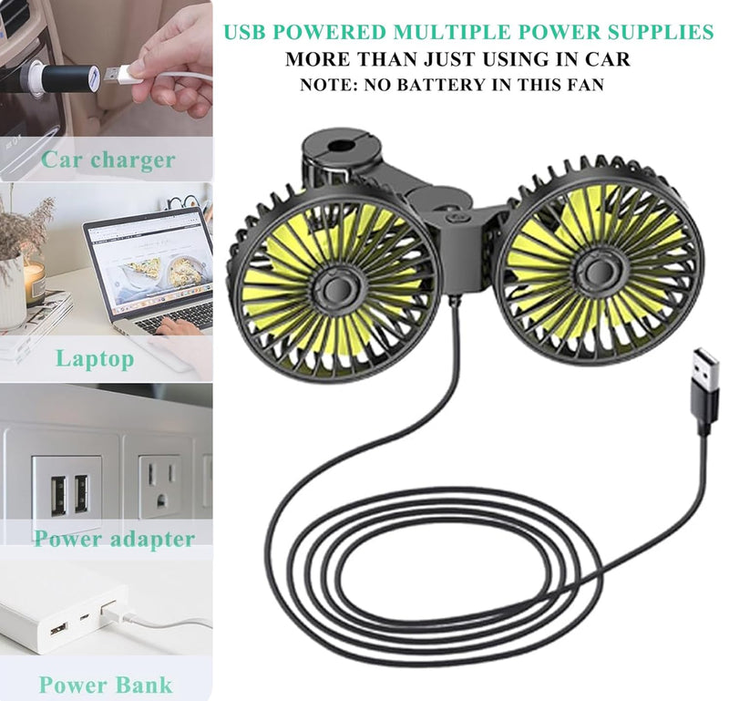 Car Fan, Dual Head USB Car Fans for backseat for kids, 3-Speed Air Speed and 360° Rotating Rear Seat Cooling Carseat Fan 5V Powerful Air Circulation Fan for Sedan SUV RV Truck