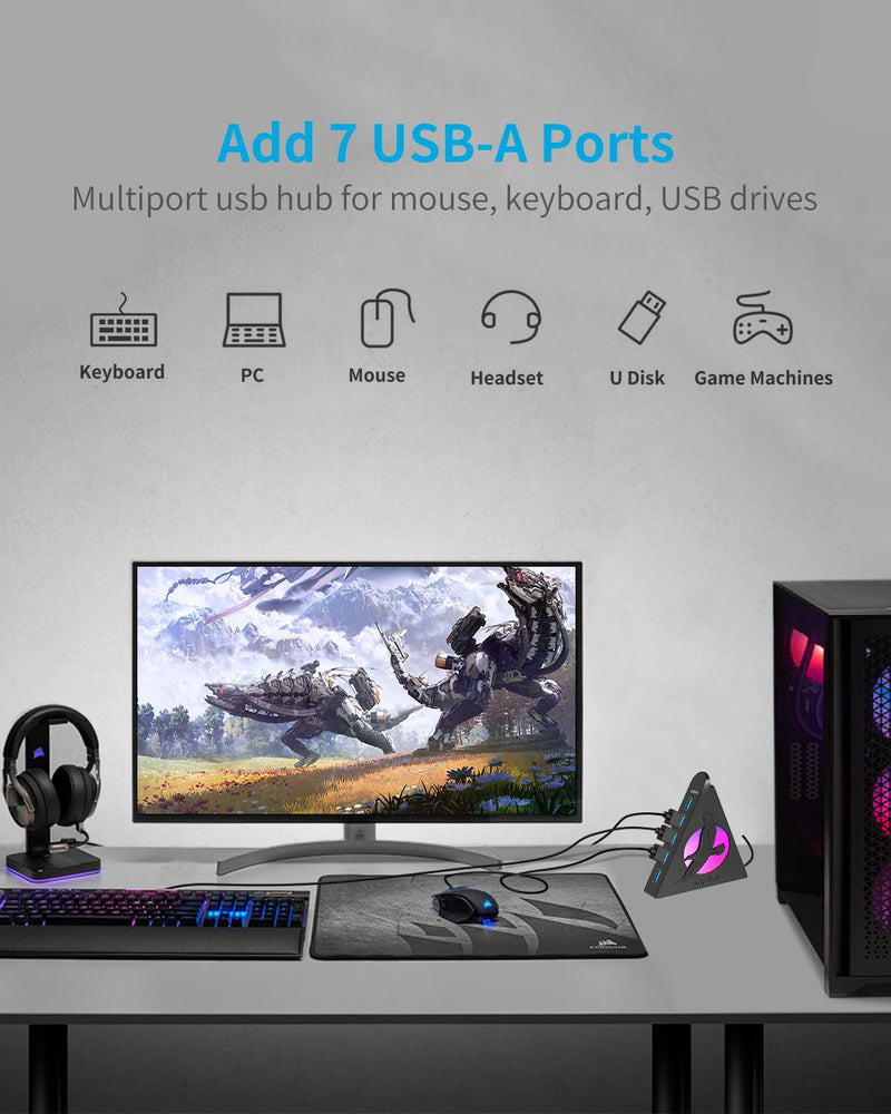 7 Port USB Hub, USB 3.0 Data Hub with 2 ft Long Cable,RGB Night Light,Multi Port Gaming Hub for PC, Laptop, Flash Drive, Keyboard, Mouse, Console, Xbox, PS4/PS5, iMac, Flash Drive, HDD 2ft Eagle Black
