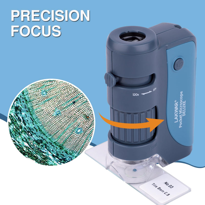 LAKWAR Pocket Microscope for Children, 60x-120x Mini Hand Microscope with 5 Slides, Mini Microscope for Children Students Adults Home School Laboratory Blue