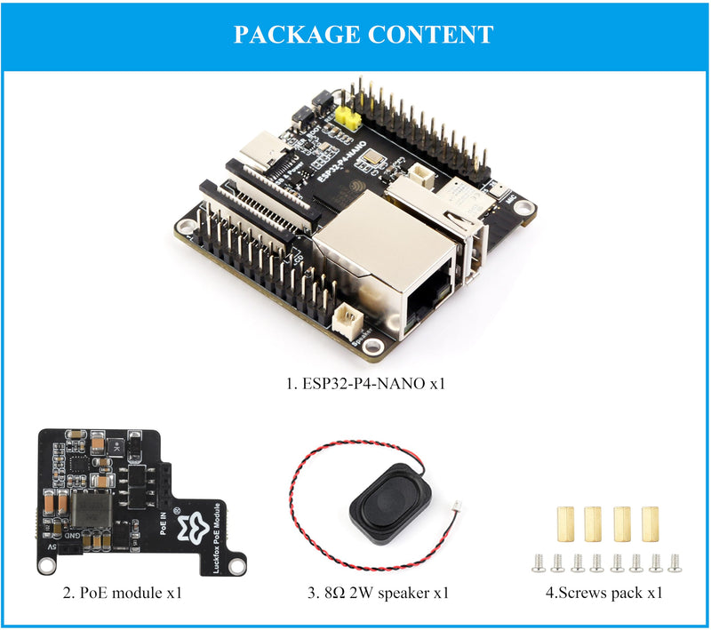 ESP32-P4-NANO Development Board, ESP32-P4 Chip: RISC-V Dual-Core and Single-Core Processors, Human-Machine Interfaces: MIPI-CSI, MIPI-DSI, USB, ETH, etc. Comes with Speaker and PoE Module, 4 Items