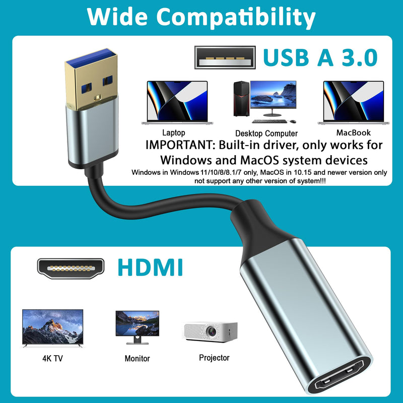 Herfair USB to HDMI Adapter [1080P Full HD, Built-in Driver] HDMI Adapter for Laptop to Monitor USB 3.0 to TV Screen Converter for MacOS/Windows 11/10/8.1/8/7 Computers Desktops PC MacBook One HDMI Port