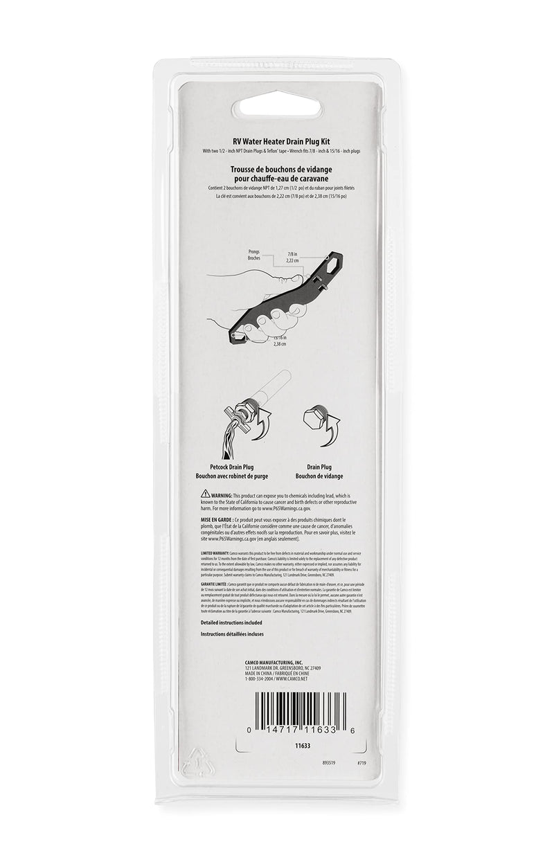 Camco RV Water Heater Drain Plug and Wrench Kit | Designed for RV & Camper Water Heater Drain Plugs | Fits 7/8" & 15/16" Drain Plugs | Angled Design Allows You to Reach Tight Spots (11633) Water Heater Drain Plugs and Wrench Kit