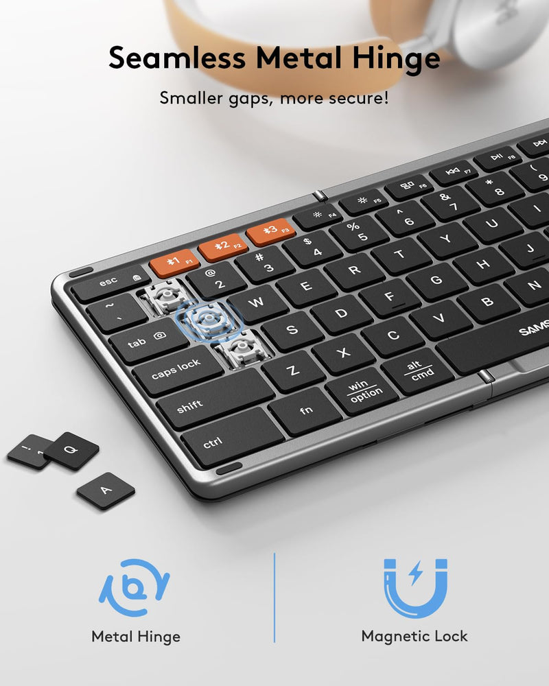Samsers Foldable Bluetooth Keyboard with Touchpad, Full-Size Wireless Folding Keyboard with PU Leather, Portable Travel Keyboard for iOS Android Windows Mac OS, Support 3 Devices (BT5.1 x 3) Space Gray