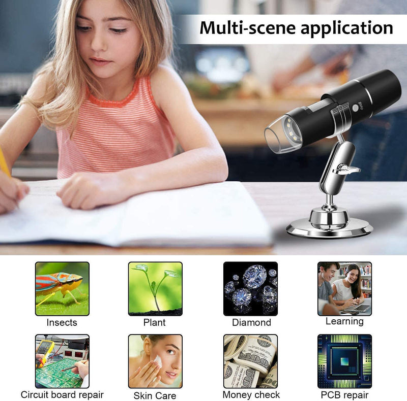 WADEO Digital USB Microscope, Portable WiFi Microscope 50X-1000X Magnification with Endoscopy and 8 LED, Digital Microscope for Android, iOS, Windows Silver, 50X-1000X Magnification