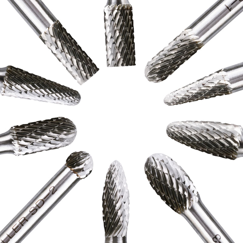 CaRoller Carbide Burr Set, 1/4" Shank 10PC Double Cut Die Grinder Rotary Tool Cutting Burrs Set for Metal and Wood Working Carving, Engraving, Polishing, Grinding with Portable Round Storage Case 10PC 1/4 shank