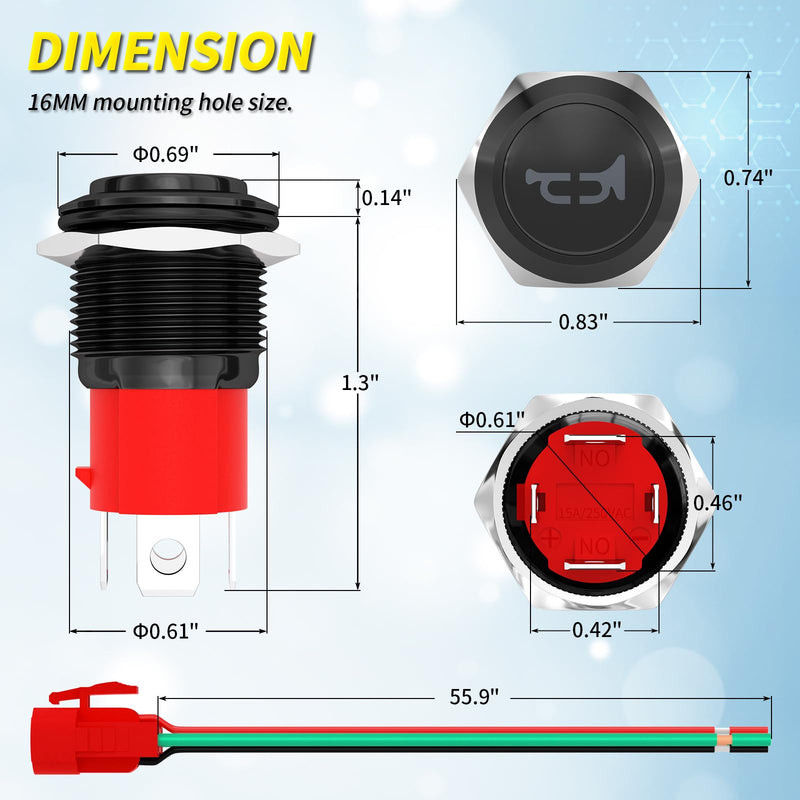 Joinfworld Horn Button Switch 12V 20A Heavy Duty 16MM Metal Speaker Horn Momentary Push Button Blue LED Stainless Steel Switch with Pre-Wired for Marine Boat Auto Air Train Black